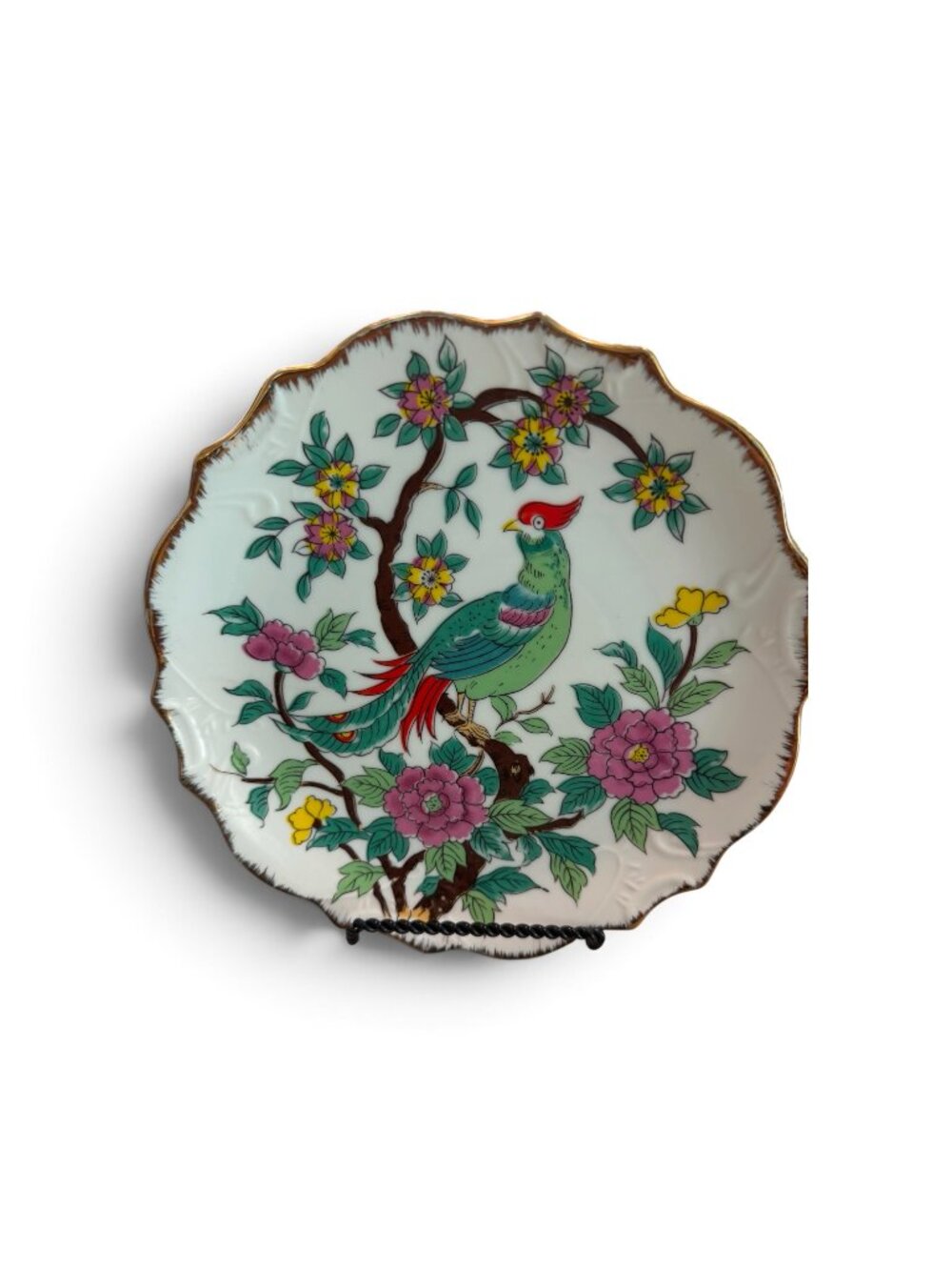 Vintage decorative porcelain hanging plate with bird and floral motif